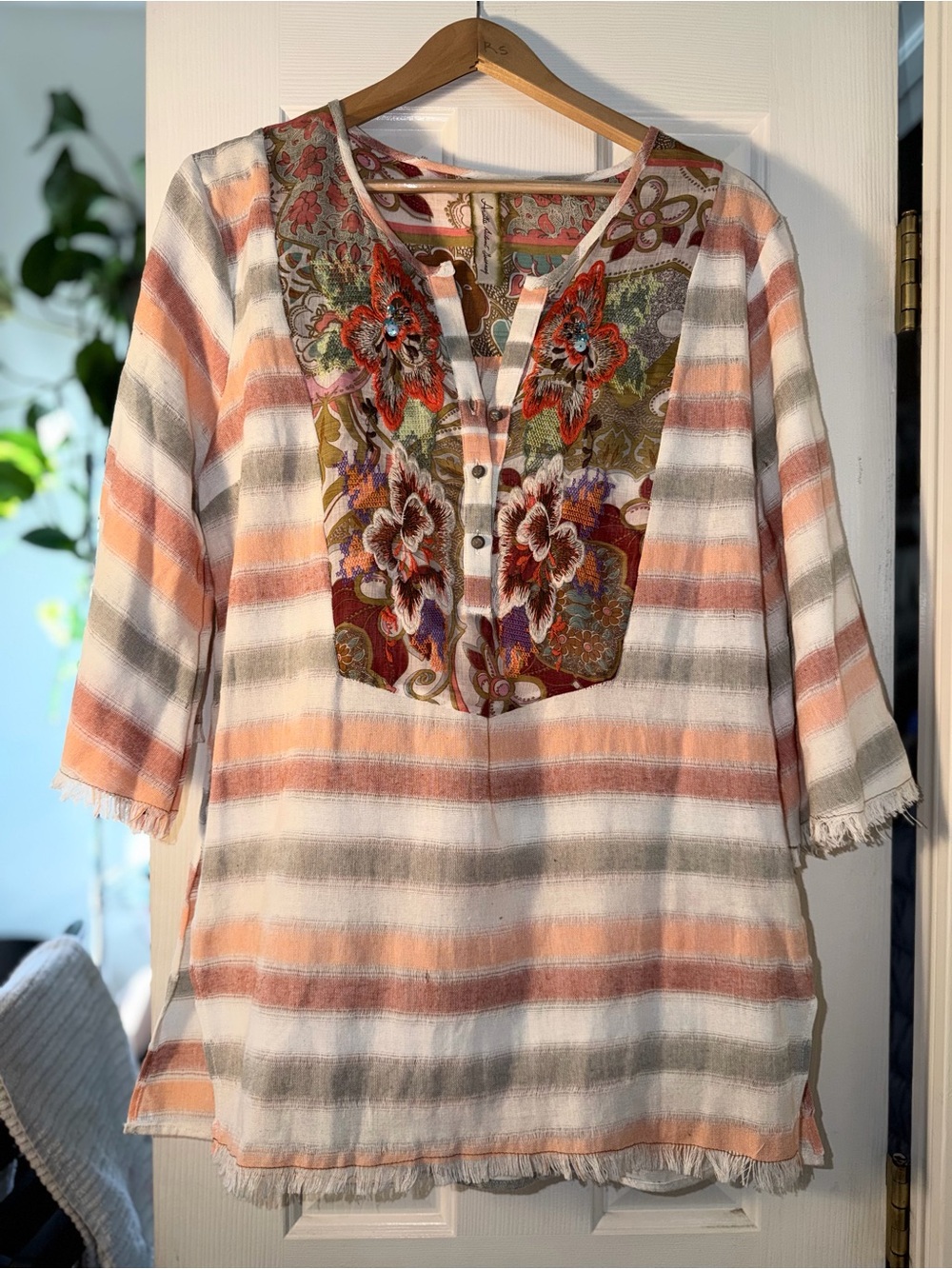 Aratta Silent Journey Striped Floral Embroidered Tunic Top Boho Beaded Blouse XL
